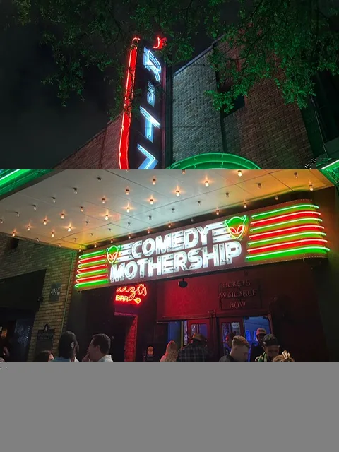 Comedy Mothership neon exterior on 6th Street Austin at night